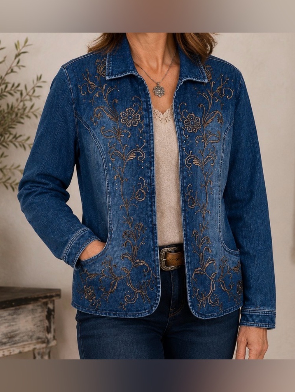 Coldwater Creek Jean Jacket Coat Embroidery Pockets Cowgirl Zipper Lined Western